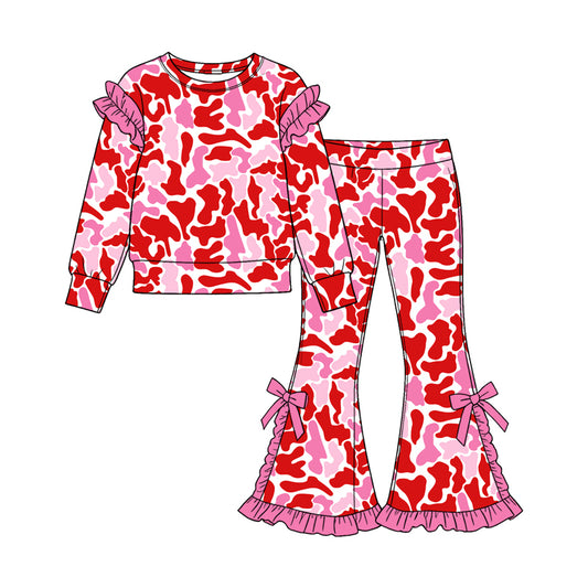 Baby Girls Pink Camo Top Bell Bottom Pant Valentines Clothes Set Preorder