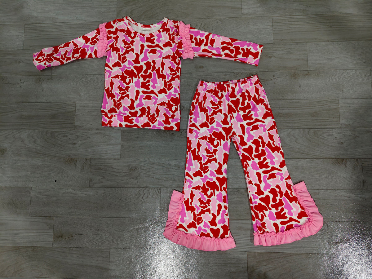 Baby Girls Pink Camo Top Bell Bottom Pant Valentines Clothes Set Preorder