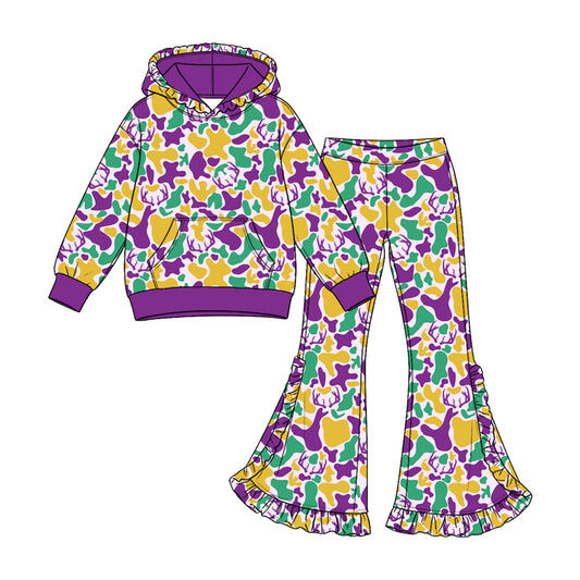 Baby Girls Mardigras Deer Camo Pocket Hoodie Bell Bottom Pant Clothes Set Preorder