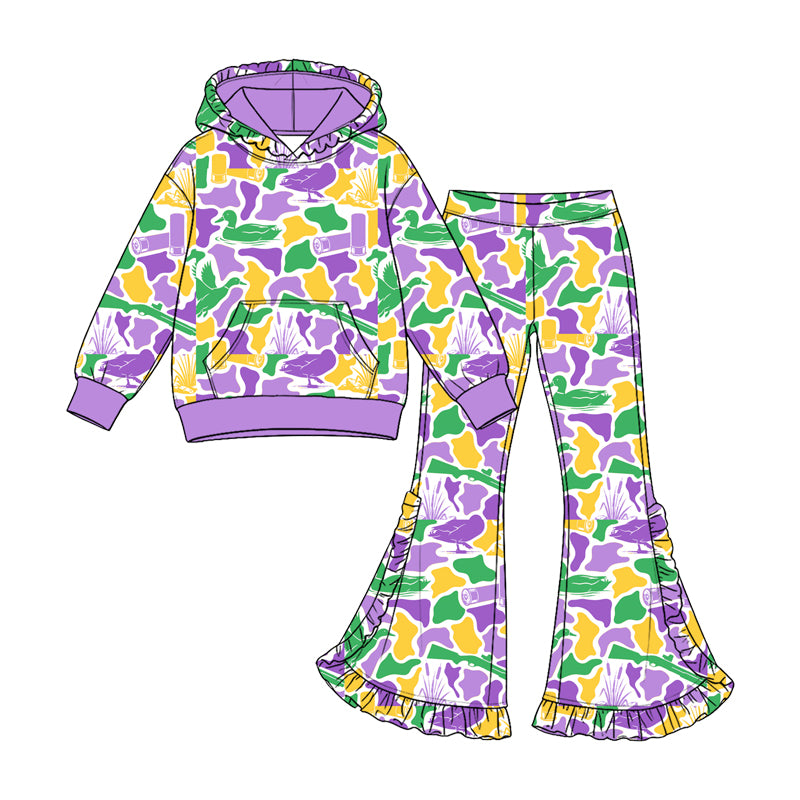 Baby Girls Mardigras Ducks Camo Pocket Hoodie Bell Bottom Pant Clothes Set Preorder