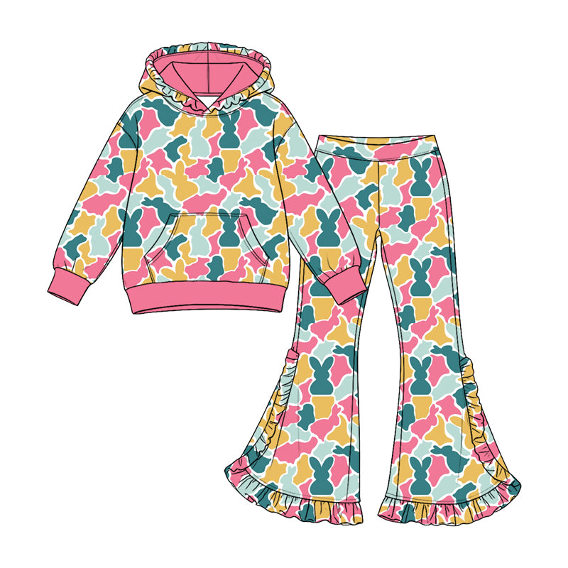 Baby Girls Rabbits Camo Pocket Hoodie Bell Bottom Pant Easter Clothes Set Preorder