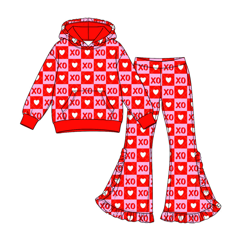Baby Girls Hearts XOXO Checked Pocket Hoodie Bell Bottom Pant Valentines Set Preorder