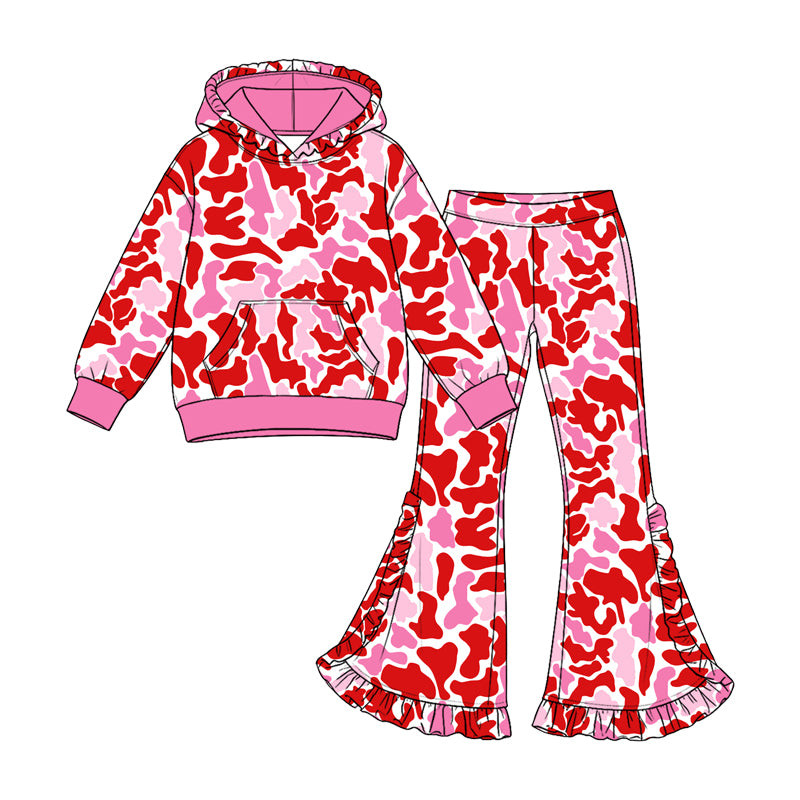 Baby Girls Pink Camo Pocket Hoodie Bell Bottom Pant Valentines Clothes Set Preorder