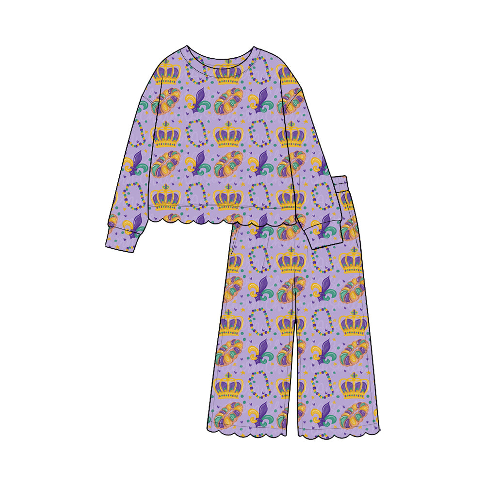 Baby Girls Mardigras Crowns Donuts Anchors Top Pant Scallop Clothes Set Preorder