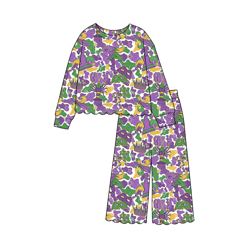 Baby Girls Mardigras Camo Crowns Masks Anchors Top Pant Scallop Clothes Set Preorder