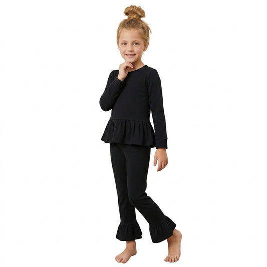 Baby Girls Black Long Sleeve Shirts Top Ruffle Pant Clothes Set