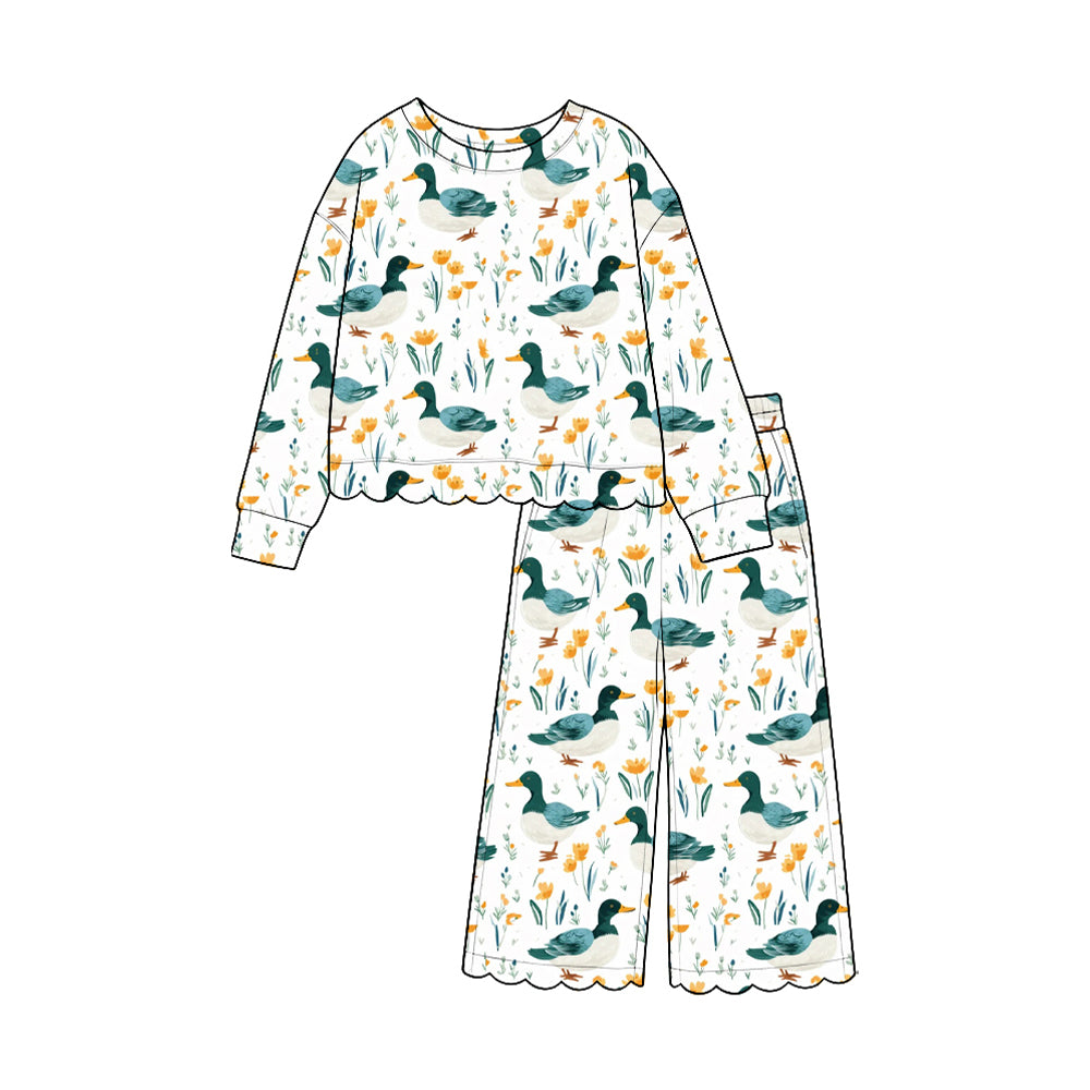 Baby Girls Flowers Ducks Top Pockets Flare Pant Hunting Scallop Clothes Set Preorder