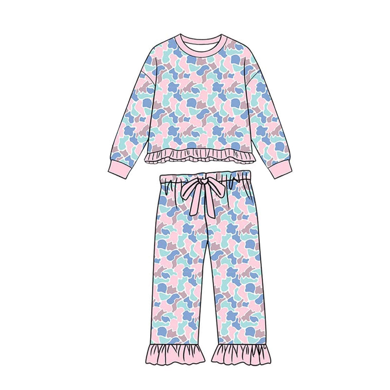 Baby Girls Pink Blue Camo Top Ruffle Pant Clothes Set Preorder
