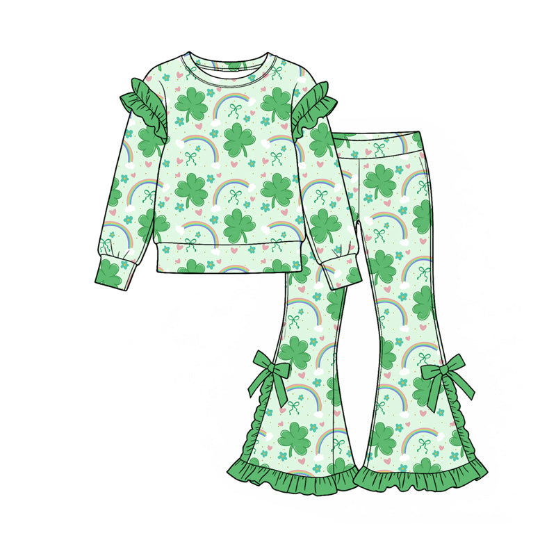 Baby Girls Rainbows Clovers Top Bows Ruffle Pant St Patrick Clothes Set Preorder