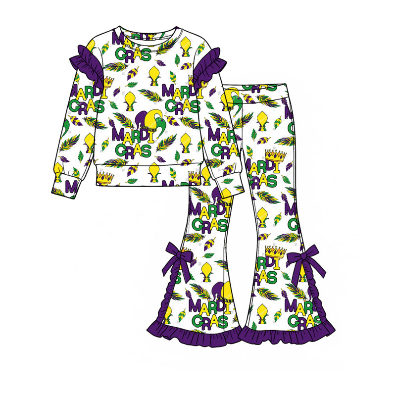 Baby Girls Anchors Crowns Top Bow Ruffle Flare Pant Mardigras Clothes Set Preorder