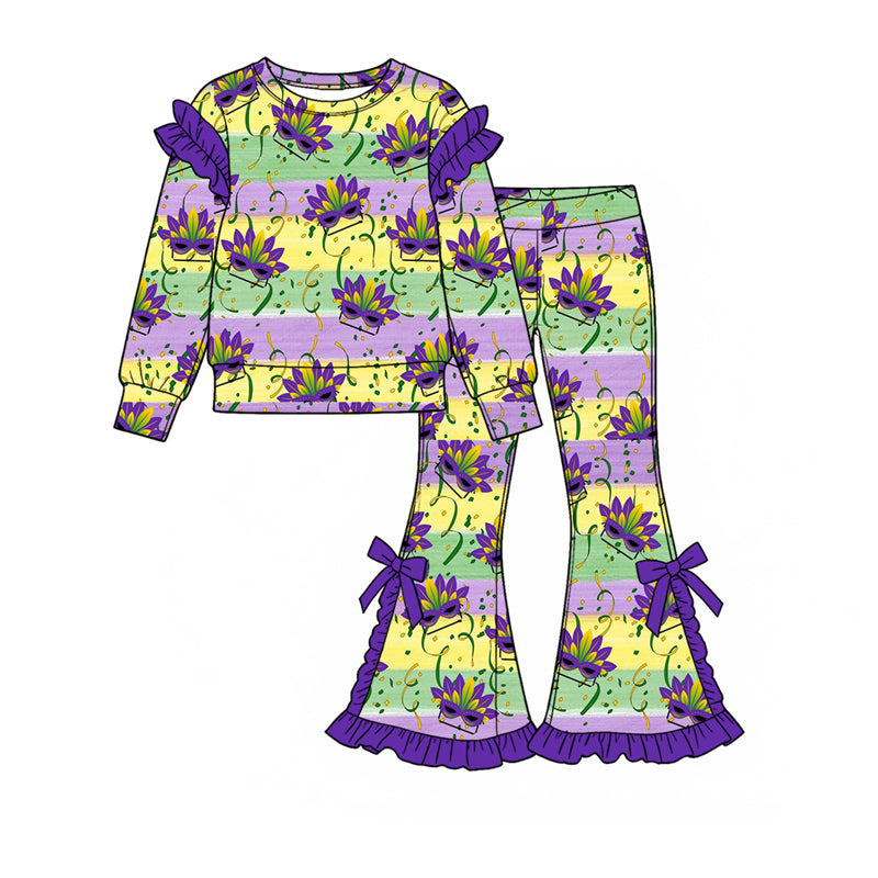 Baby Girls Anchors Masks Top Bow Ruffle Flare Pant Mardigras Clothes Set Preorder