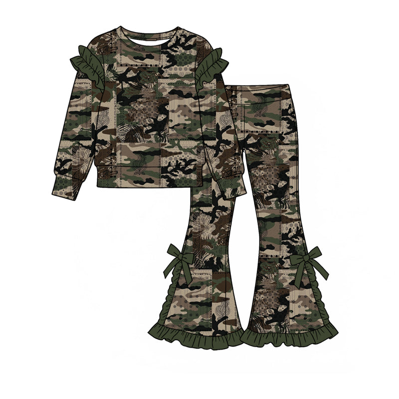 Baby Girls Camo Shirts Top Bow Ruffle Flare Pant Hunting Clothes Set Preorder