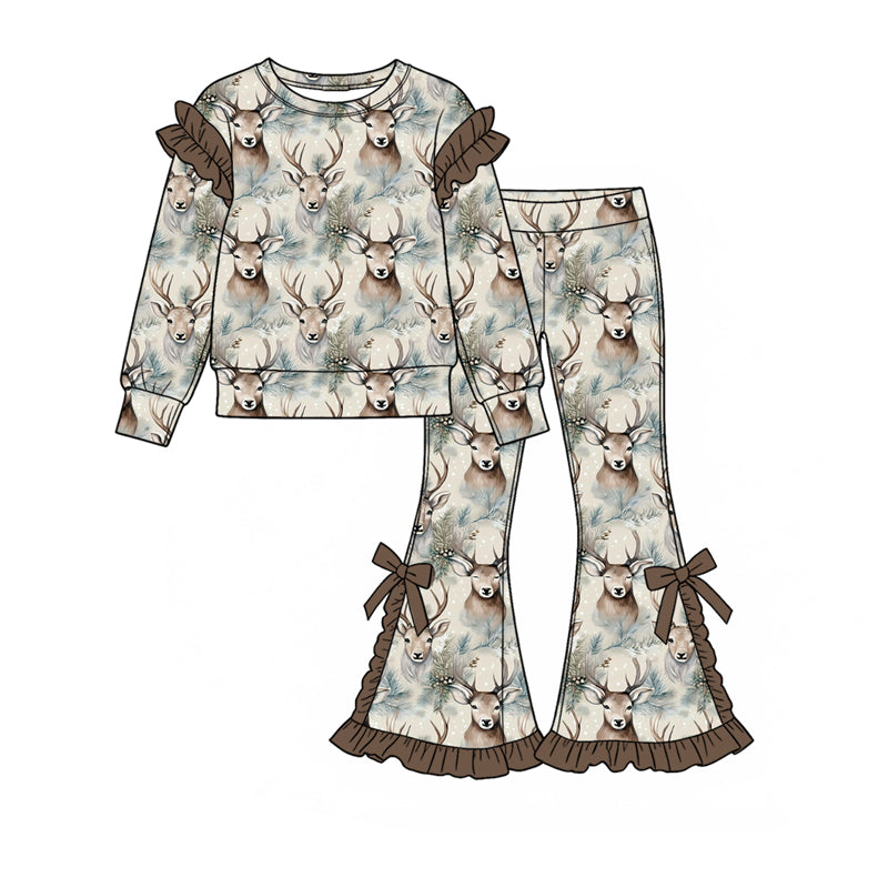 Baby Girls Deer Camo Shirts Top Bow Ruffle Flare Pant Hunting Clothes Set Preorder