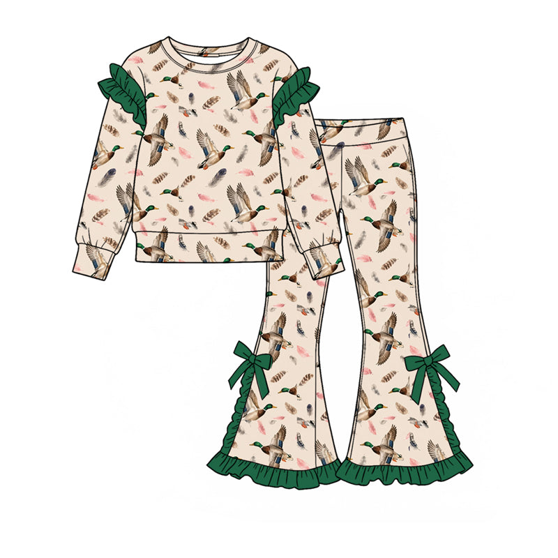 Baby Girls Ducks Furs Shirts Top Bow Ruffle Flare Pant Hunting Clothes Set Preorder