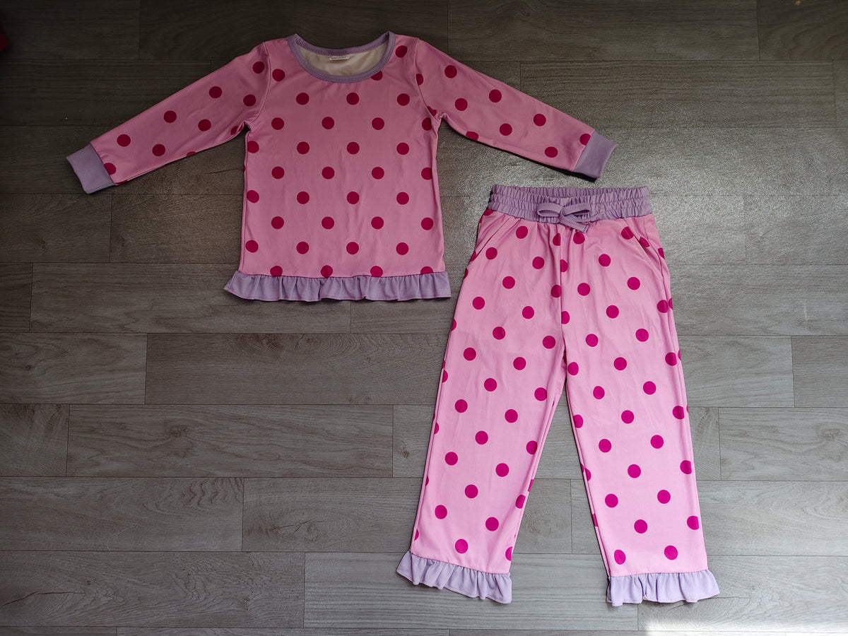 Baby Girls Lavender Pink Polka Dots Shirt Top Ruffle Pant Clothes Set Preorder