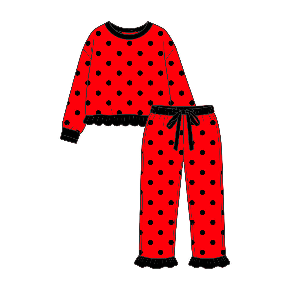 Baby Girls Black Red Polka Dots Shirt Top Ruffle Pant Clothes Set Preorder