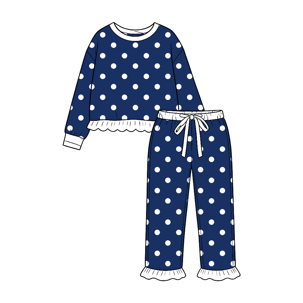 Baby Girls Hot Blue White Polka Dots Shirt Top Ruffle Pant Clothes Set Preorder