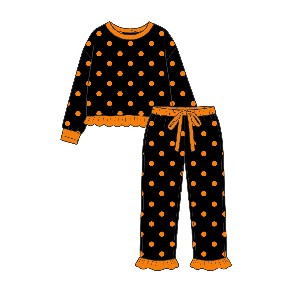 Baby Girls Black Orange Polka Dots Shirt Top Ruffle Pant Clothes Set Preorder