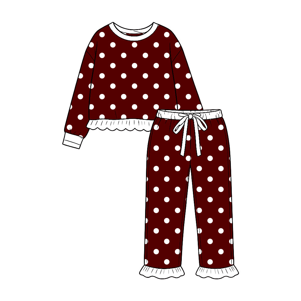 Baby Girls Maroon White Polka Dots Shirt Top Ruffle Pant Clothes Set Preorder