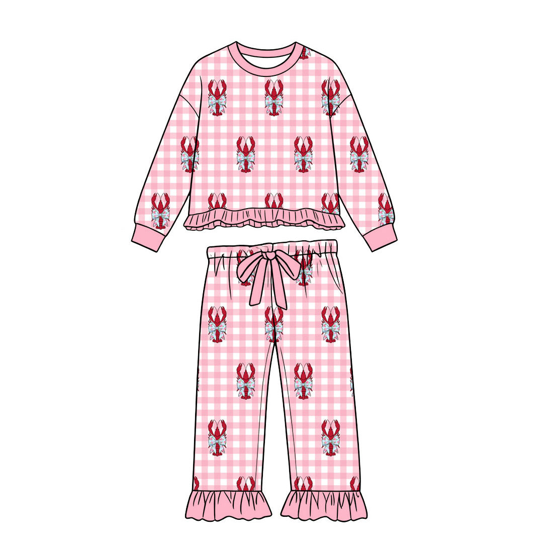 Baby Girls Pink Checked Bows Crayfishes Top Pockets Ruffle Pants Clothes Set Preorder