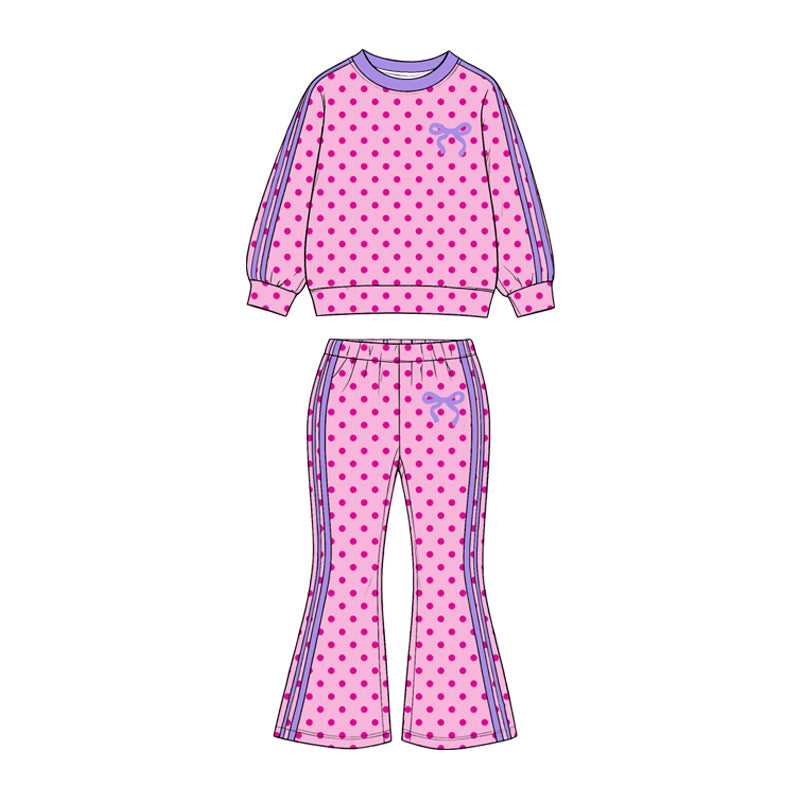 Baby Girls Pink Polka Dots Bow Top Bell Bottom Pant Clothes Set Preorder
