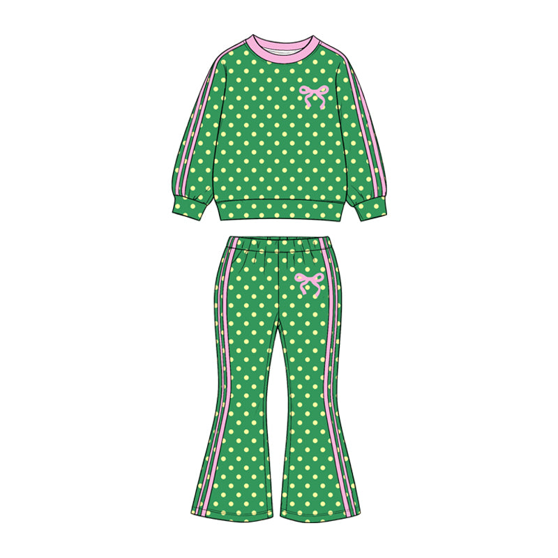 Baby Girls Green Polka Dots Bow Top Bell Bottom Pant Clothes Set Preorder