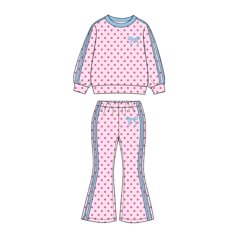 Baby Girls Light Pink Polka Dots Bow Top Bell Bottom Pant Clothes Set Preorder