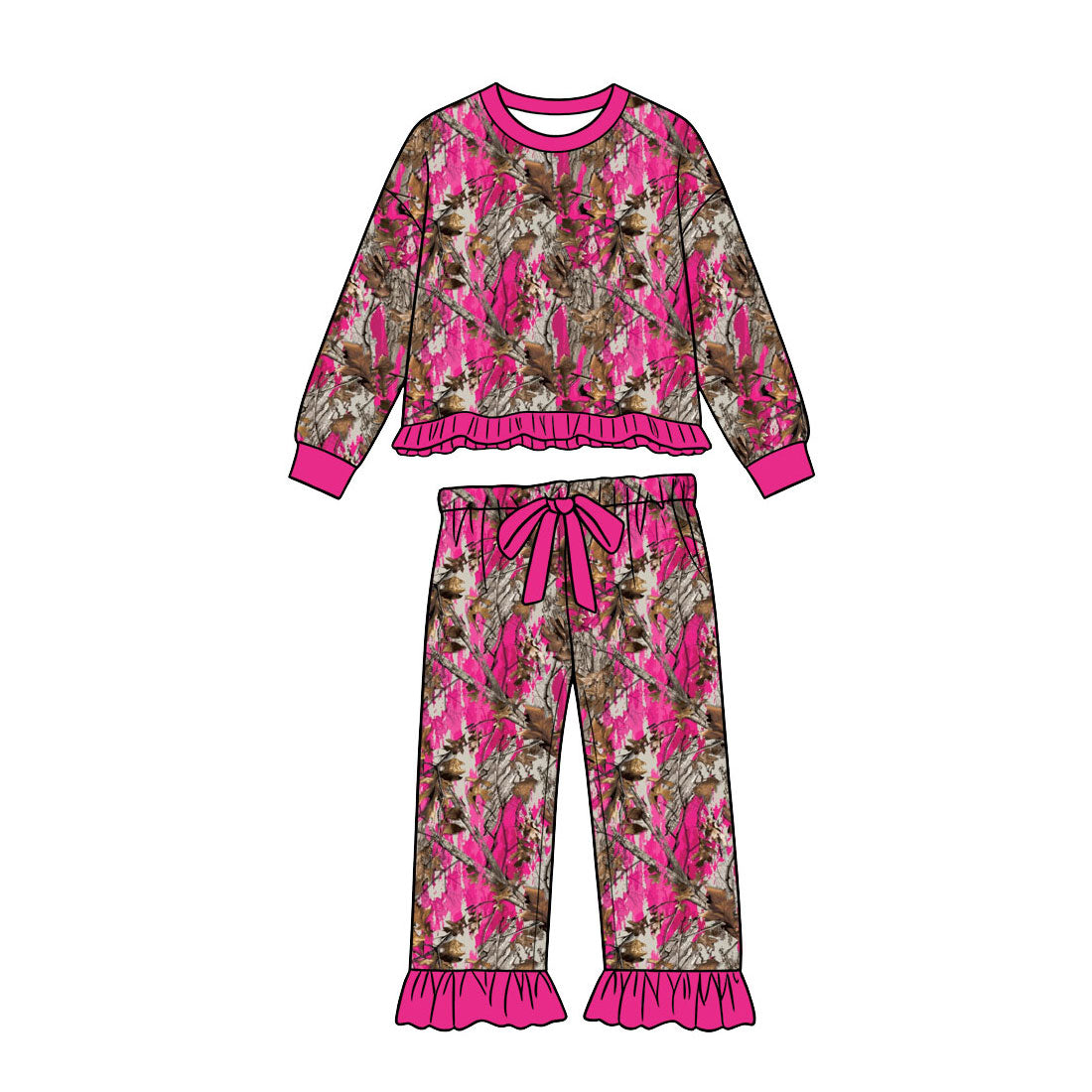 Baby Girls Pink Leaves Camo Top Ruffle Bow Pant Clothes Set Preorder