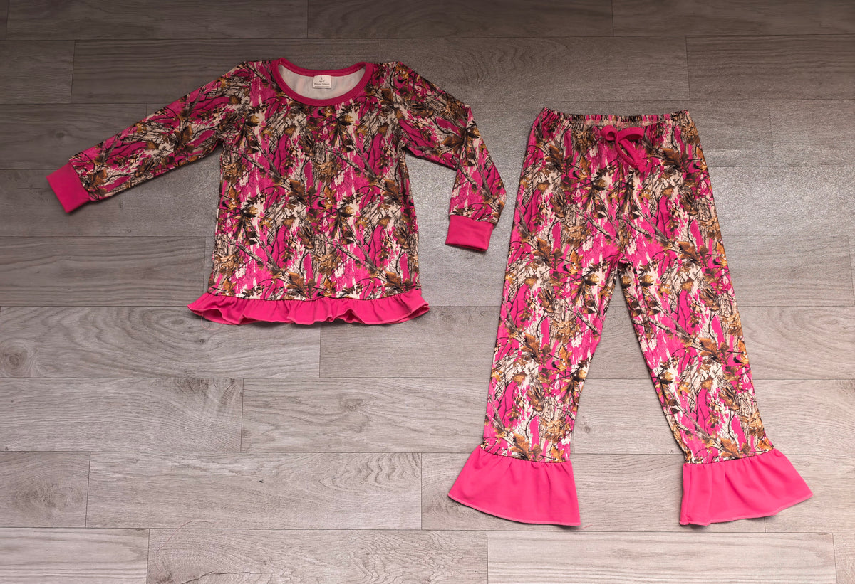 Baby Girls Pink Leaves Camo Top Ruffle Bow Pant Clothes Set Preorder