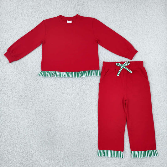 Baby Girls Red Green Stripe Long Sleeve Top Ruffle Pant Clothes Set