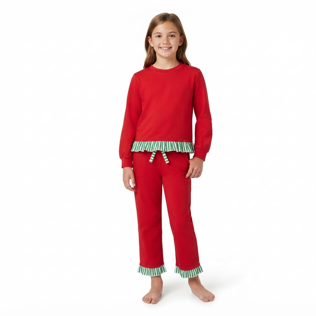 Baby Girls Red Green Stripe Long Sleeve Top Ruffle Pant Clothes Set