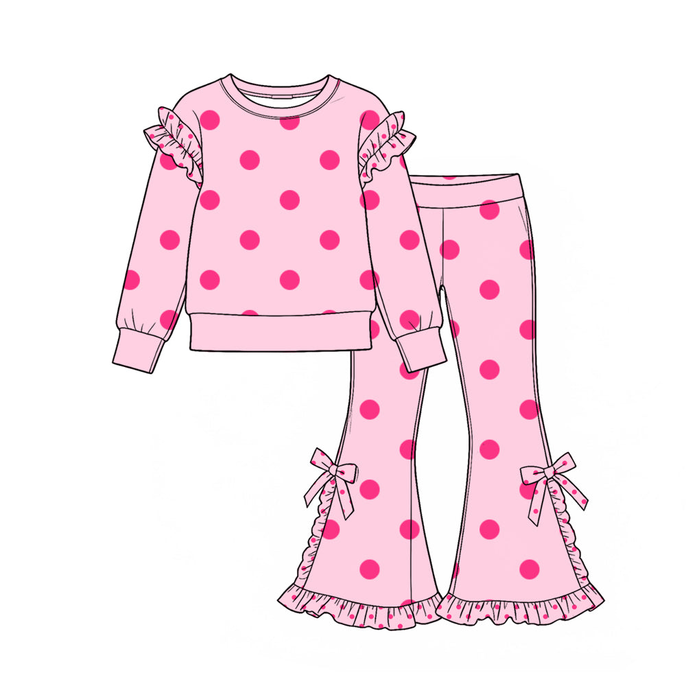 Baby Girls Pink Polka Dots Top Ruffle Bell Bottom Pant Clothes Set Preorder