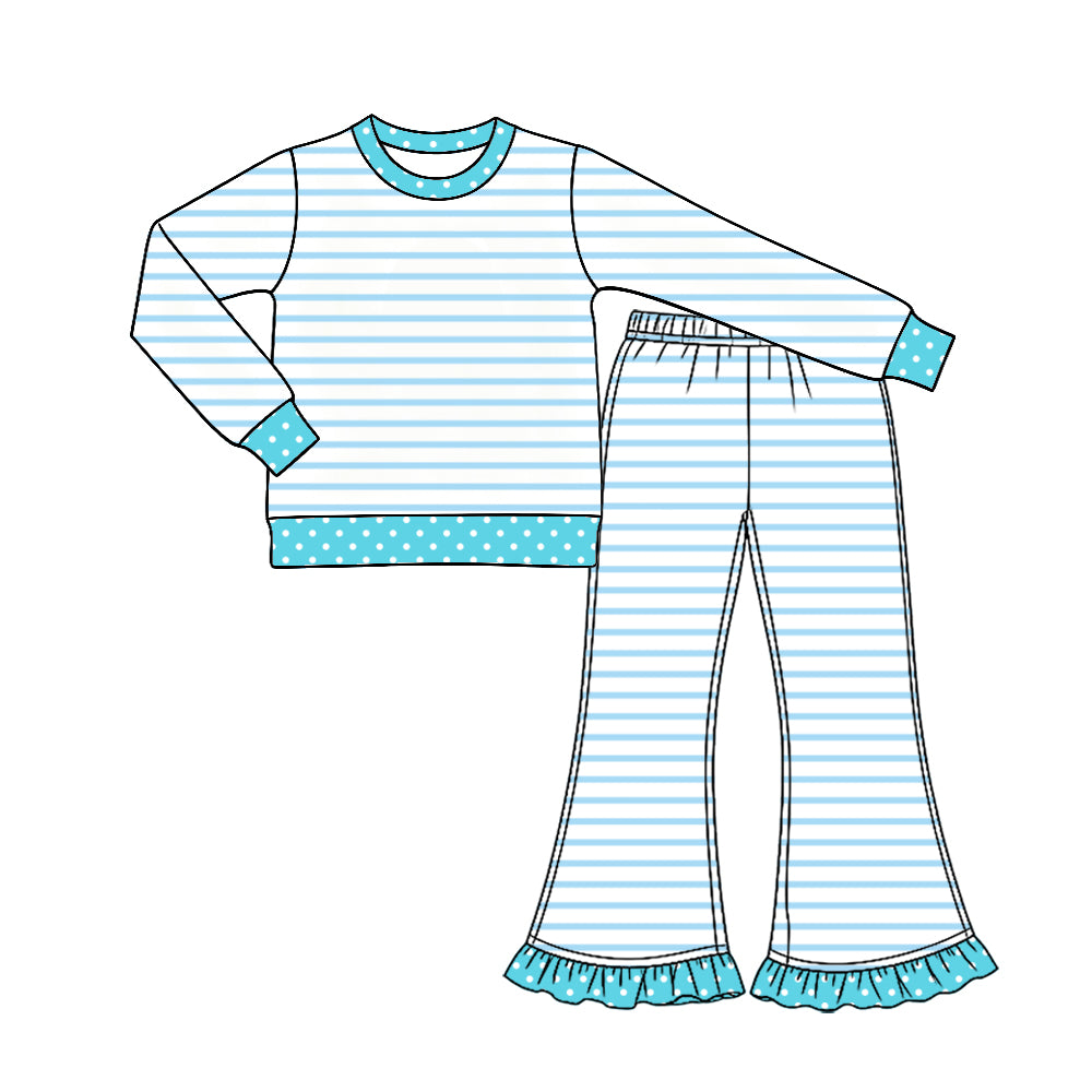 Baby Girls Blue Stripe Top Ruffle Bell Bottom Pant Clothes Set Preorder