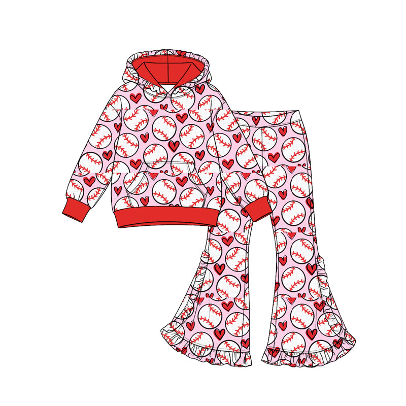 Baby Girls Hearts Baseballs Pocket Hoodie Ruffle Bell Bottom Pant Valentines Set Preorder