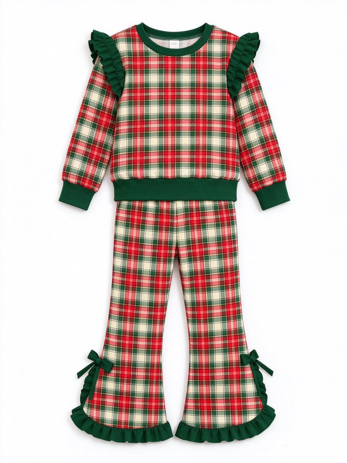 Baby Girls Red Green Checked Top Ruffle Bell Bottom Pant Christmas Clothes Set Preorder