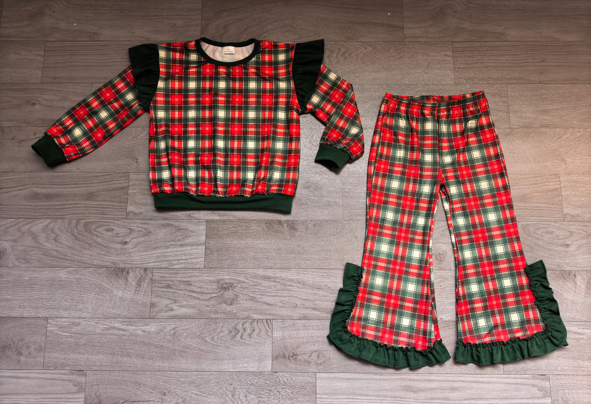 Baby Girls Red Green Checked Top Ruffle Bell Bottom Pant Christmas Clothes Set Preorder