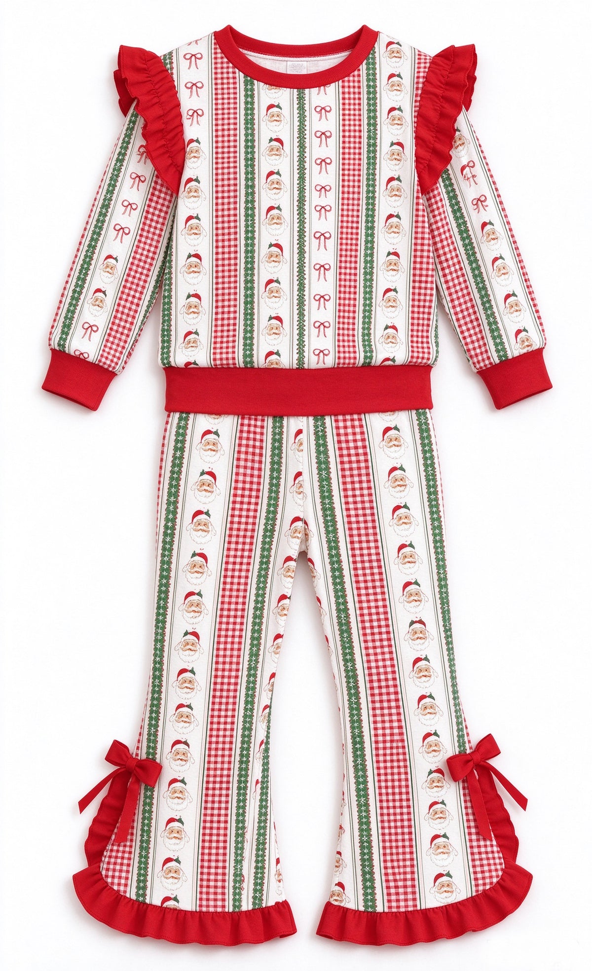 Baby Girls Santa Bows Stripe Top Ruffle Bell Bottom Pant Christmas Clothes Set Preorder