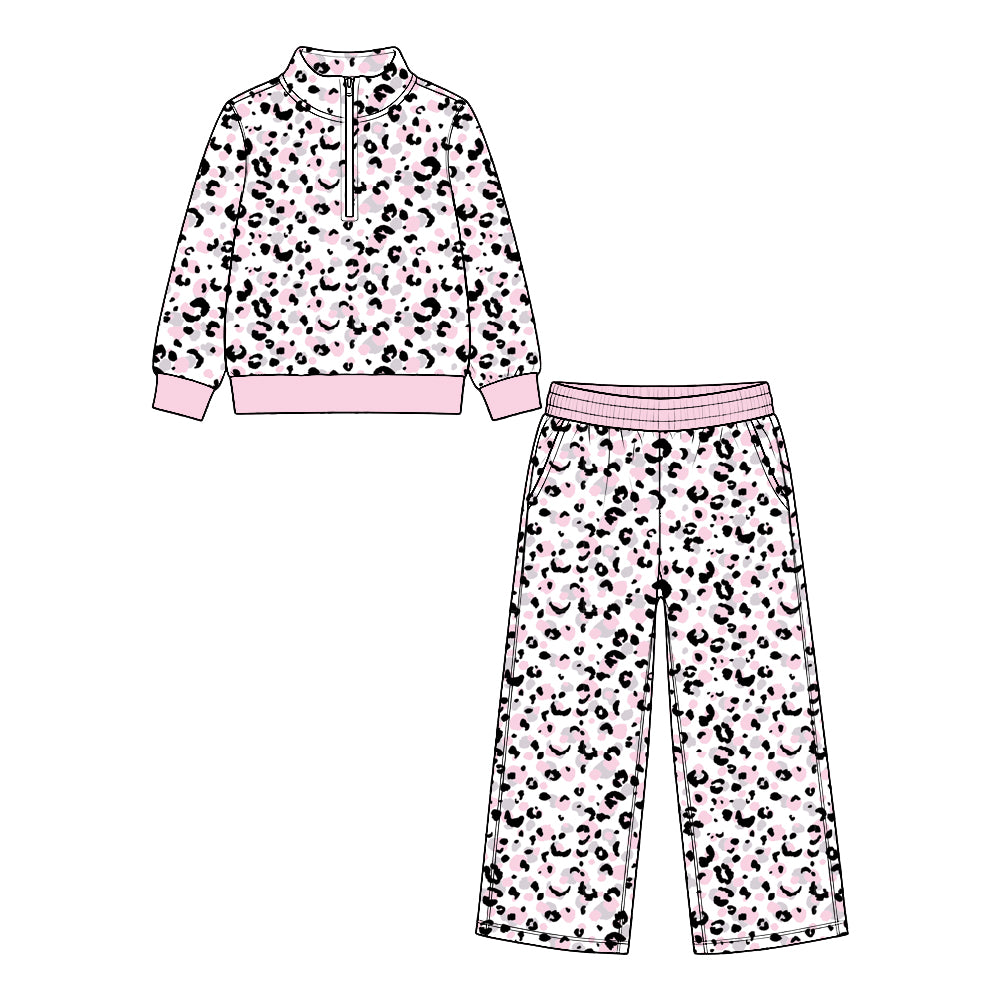 Baby Girls Pink Camo Leopard Zip Pullovers Pockets Flare Pant Clothes Set Preorder
