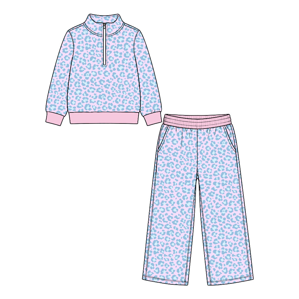 Baby Girls Pink Blue Leopard Zip Pullovers Pockets Flare Pant Clothes Set Preorder