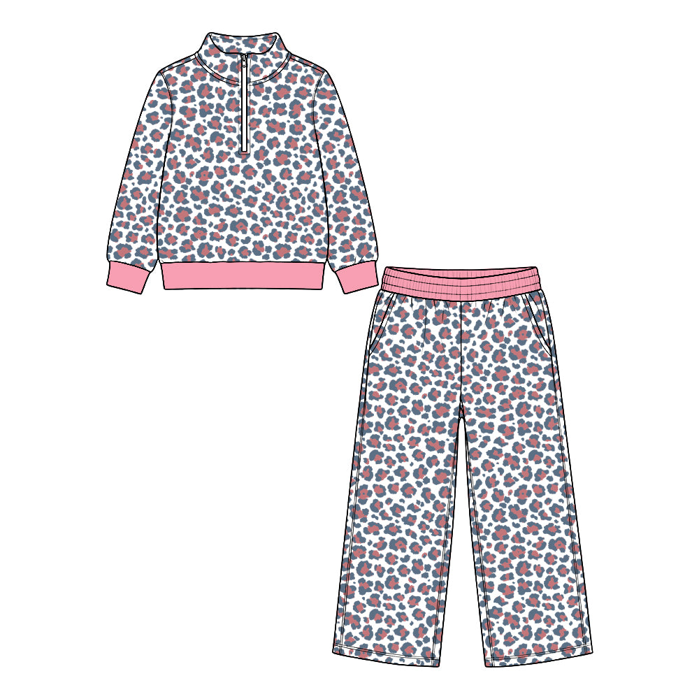 Baby Girls Peach Blue Leopard Zip Pullovers Pockets Flare Pant Clothes Set Preorder