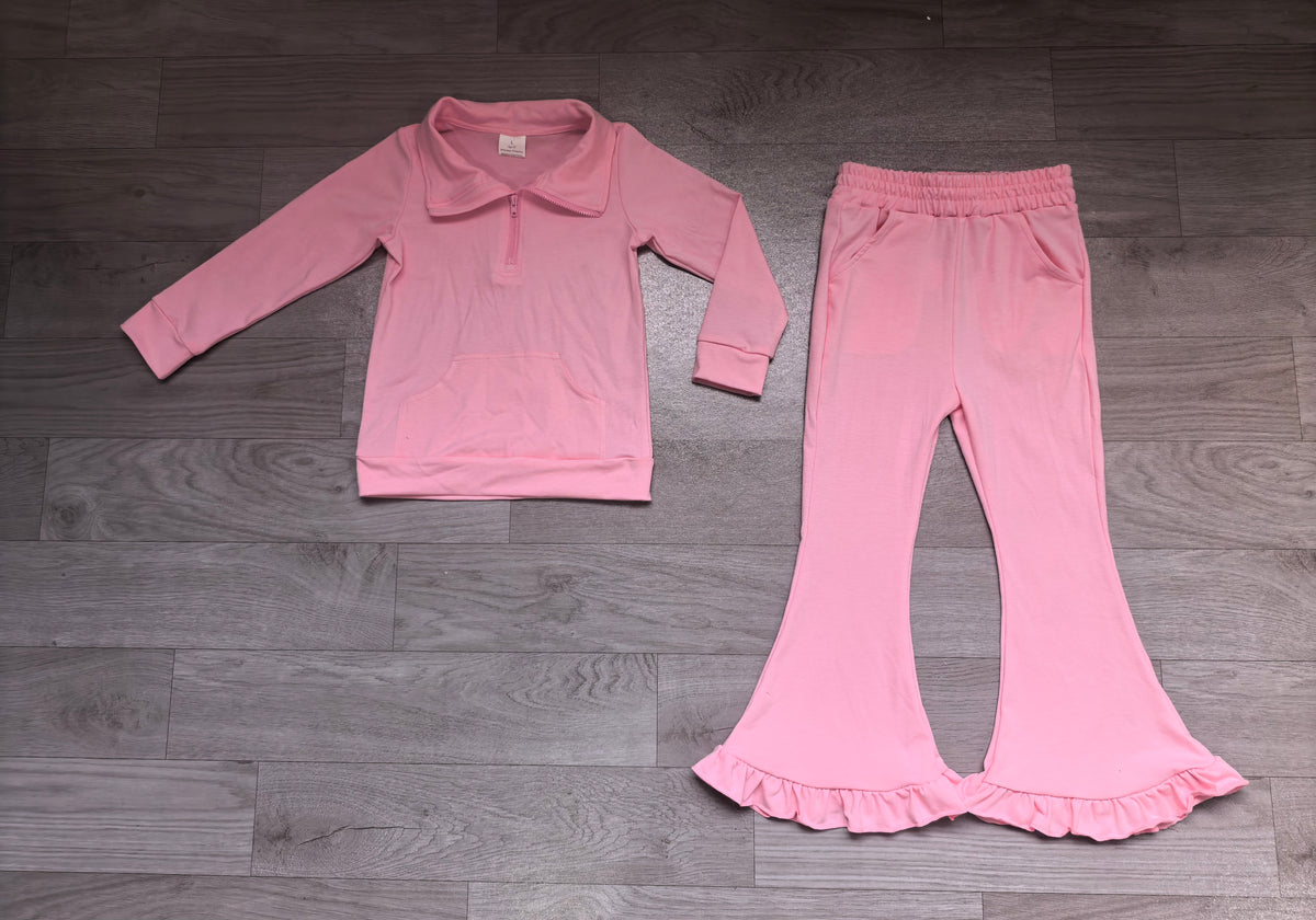 Baby Girls Pink Long Sleeve Zip Pullovers Pockets Ruffle Bell Bottom Pant Clothes Set Preorder