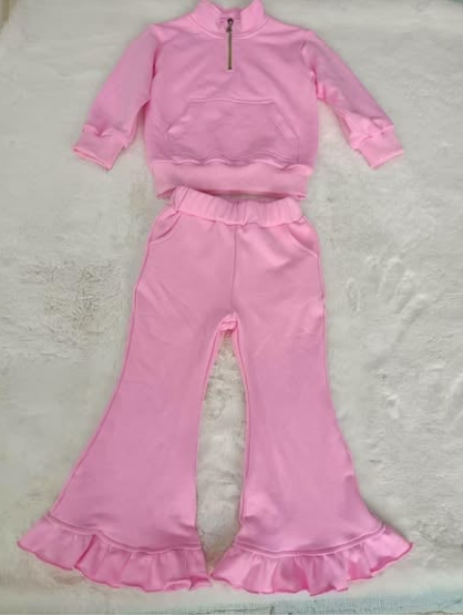 Baby Girls Pink Long Sleeve Zip Pullovers Pockets Ruffle Bell Bottom Pant Clothes Set Preorder