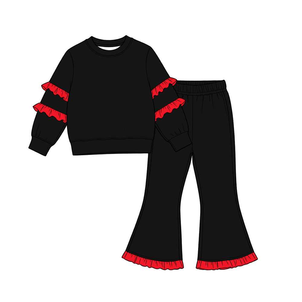 Baby Girls Red Black Long Sleeve Shirts Top Ruffle Bell Bottom Pant Clothes Set Preorder