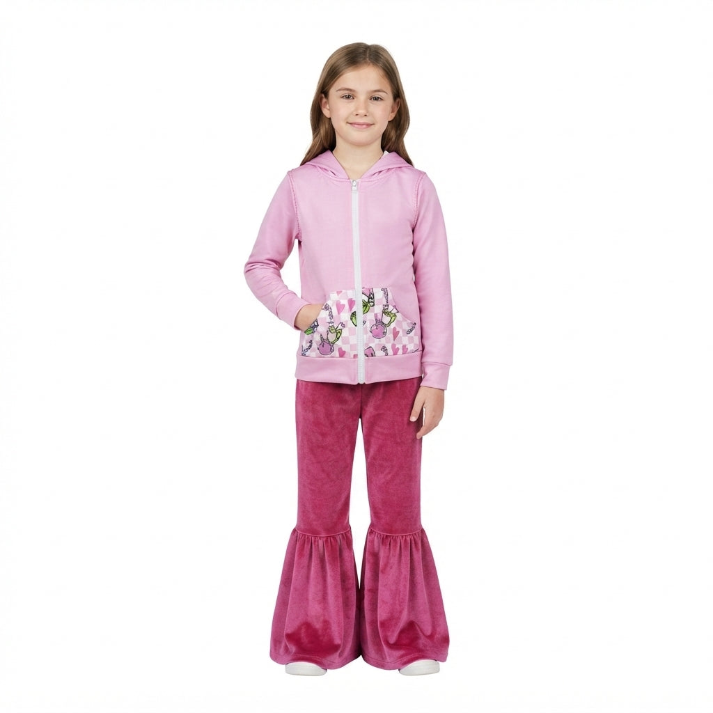 Baby Girls Christmas Frogs Zip Pocket Hoodie Jacket Velvet Bell Bottom Pant Clothes Set