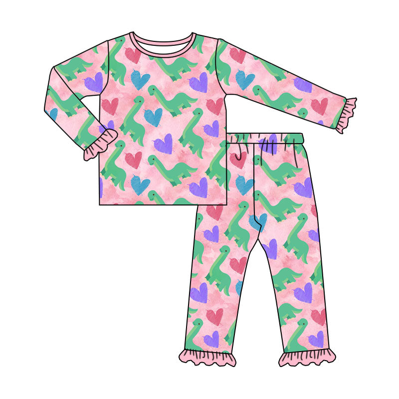 Baby Girls Colorful Hearts Dinosaurs Top Ruffle Pant Valentine Pajamas Sets Preorder