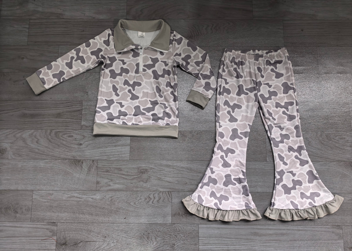 Baby Girls Grey Camo Zip Pullovers Bell Bottom Pants Preorder