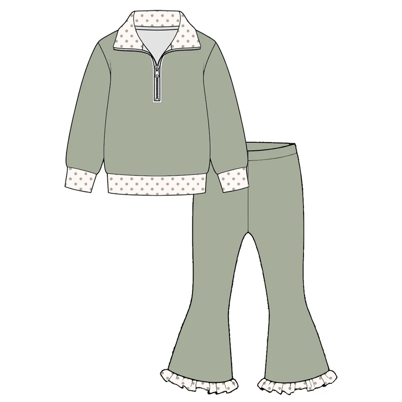 Preorder moq 5 Baby Girls Green Zip Pullovers Bell Bottom Pants Outfits