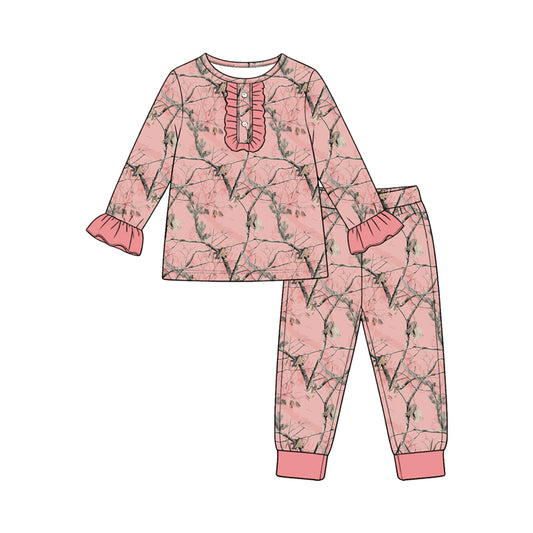 Baby Girls Pink Leaves Camo Button Top Pant Pajamas Sets Preorder