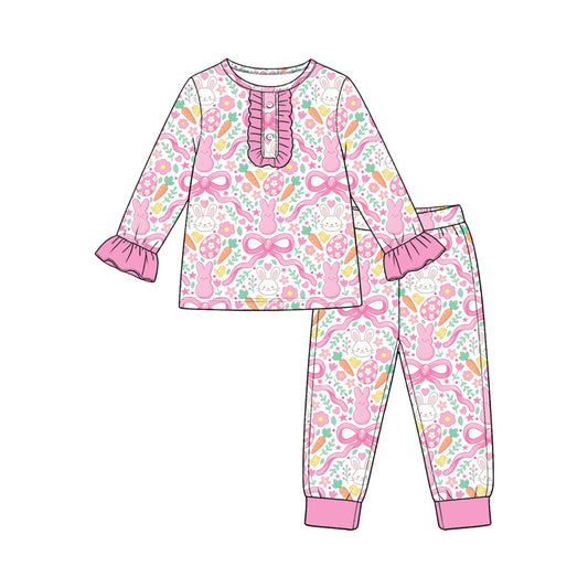 Baby Girls Flowers Rabbits Eggs Button Top Pant Easter Pajamas Sets Preorder