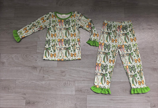 Baby Girls Clovers Bows Top Ruffle Pant St Patrick Pajamas Sets Preorder